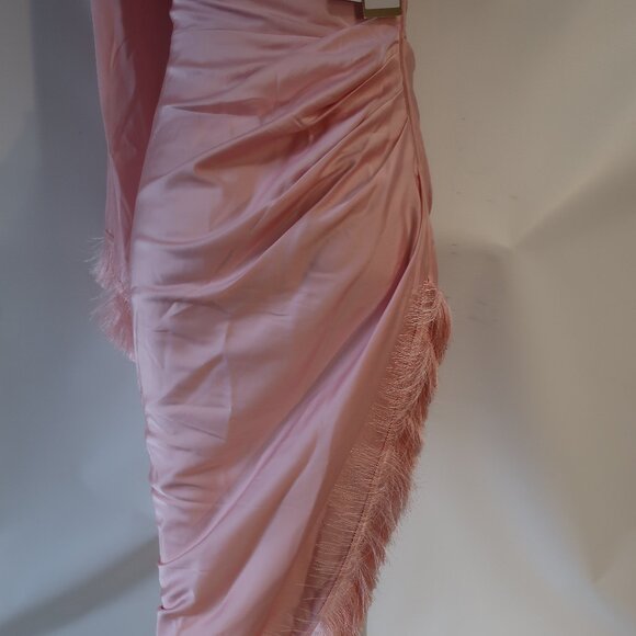 NWT Womens PatBO Light Pink Fringe Trim One Shoulder Asymmetric Oscar Dress 6 - Picture 12 of 16
